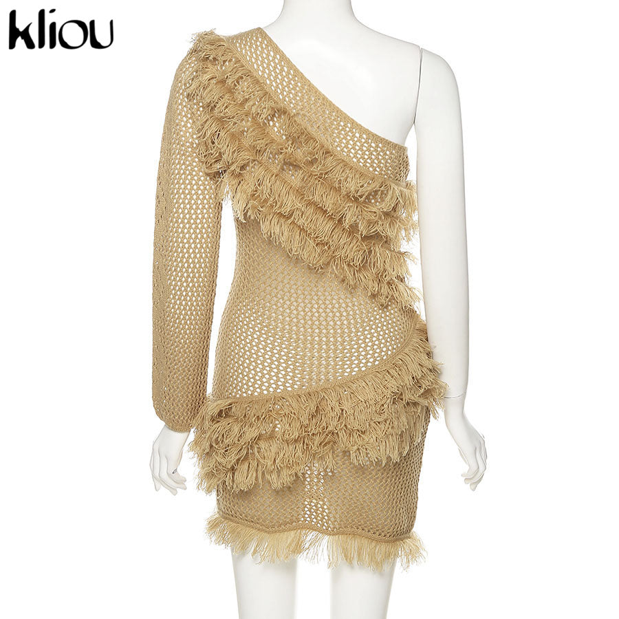Kliou Bohemian Style Dress Women Autumn Plaid Tassel Skirt Sexy See Through Inclined Shoulder Robe Party Knitted Attirewear