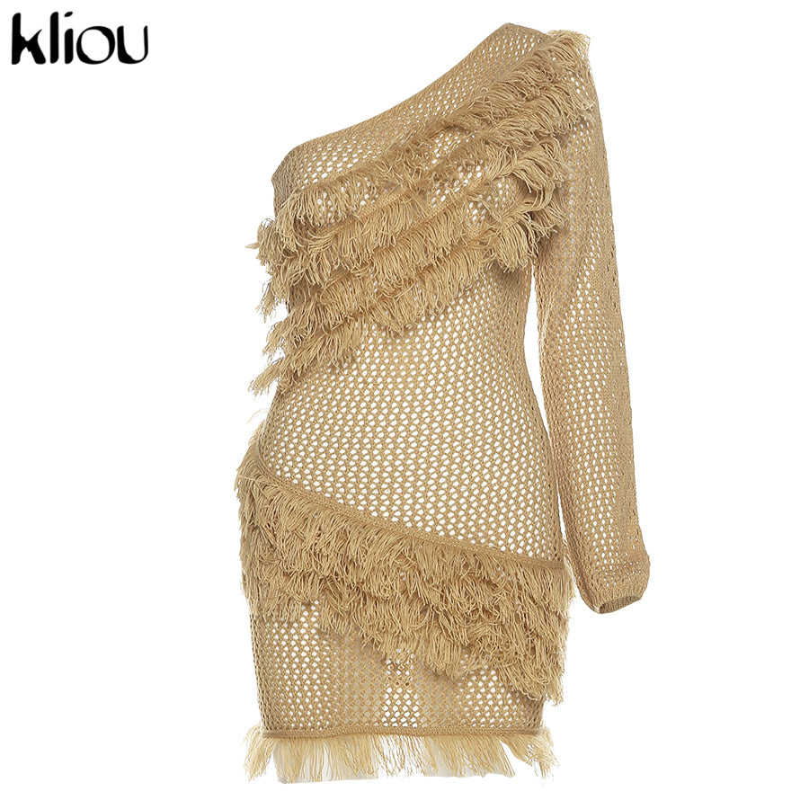 Kliou Bohemian Style Dress Women Autumn Plaid Tassel Skirt Sexy See Through Inclined Shoulder Robe Party Knitted Attirewear