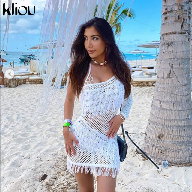 Kliou Bohemian Style Dress Women Autumn Plaid Tassel Skirt Sexy See Through Inclined Shoulder Robe Party Knitted Attirewear