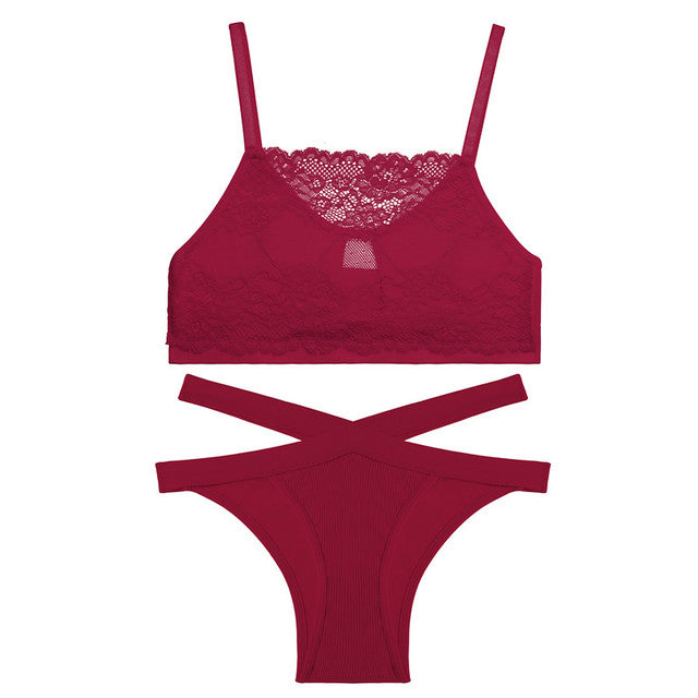 FINETOO Lace Hollow Out Bra Set Women Sexy Wireless Tops