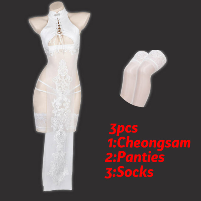 Nier Automata Yorha 2B Cosplay Costume Womens Bandage Hollow Out Qipao Dropship Hot Sexy Lingerie Net Cheongsam Lacquer Set