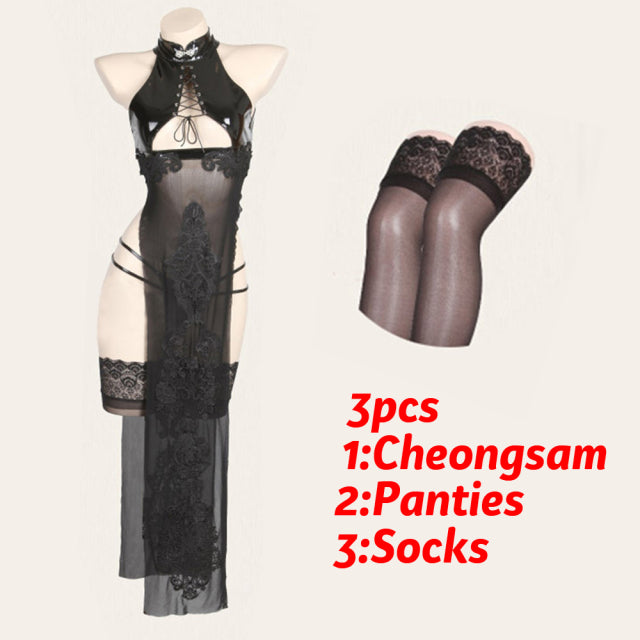 Nier Automata Yorha 2B Cosplay Costume Womens Bandage Hollow Out Qipao Dropship Hot Sexy Lingerie Net Cheongsam Lacquer Set
