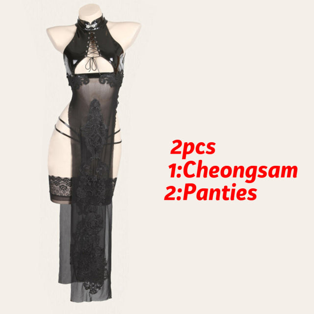 Nier Automata Yorha 2B Cosplay Costume Womens Bandage Hollow Out Qipao Dropship Hot Sexy Lingerie Net Cheongsam Lacquer Set