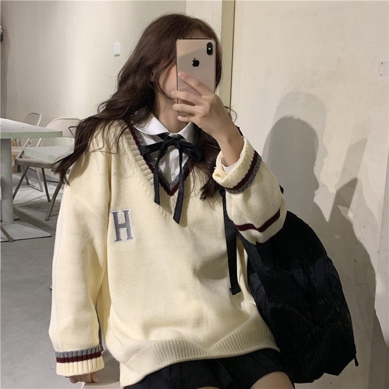 Japanese School Uniform Preppy Style Sweater Women Korean Fashion Loose Simple V-neck Casual School Sweater