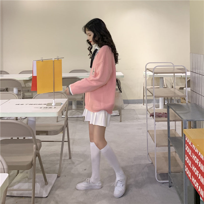 Japanese School Uniform Preppy Style Sweater Women Korean Fashion Loose Simple V-neck Casual School Sweater