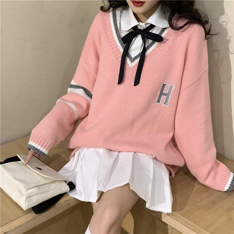 Japanese School Uniform Preppy Style Sweater Women Korean Fashion Loose Simple V-neck Casual School Sweater