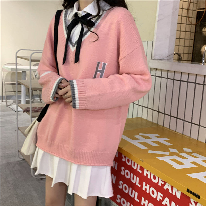Japanese School Uniform Preppy Style Sweater Women Korean Fashion Loose Simple V-neck Casual School Sweater