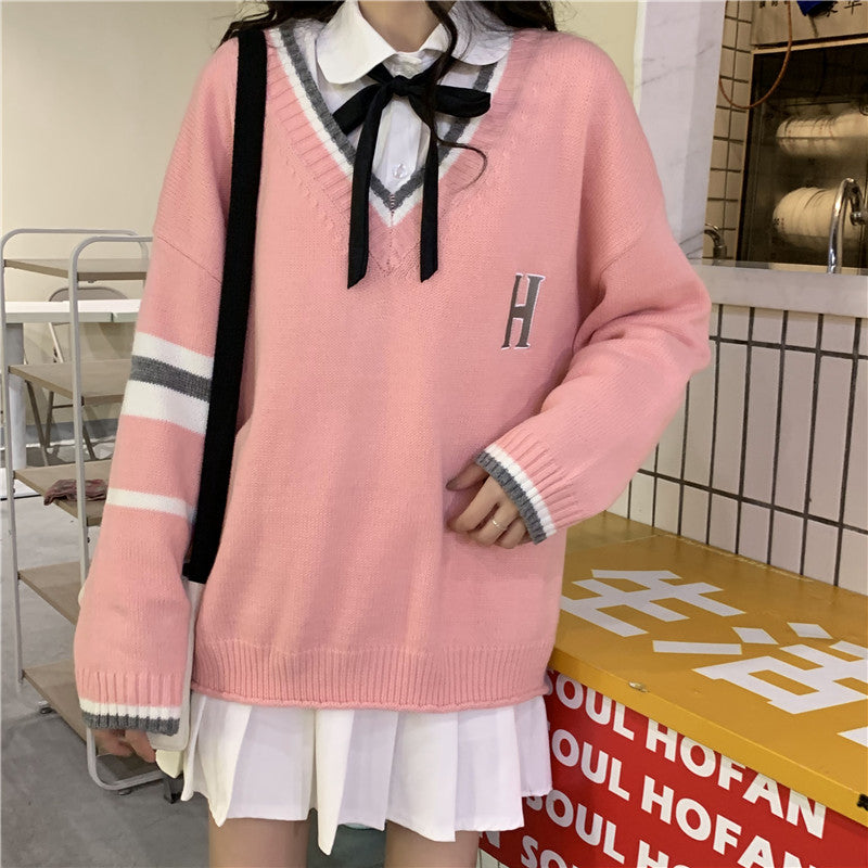 Japanese School Uniform Preppy Style Sweater Women Korean Fashion Loose Simple V-neck Casual School Sweater