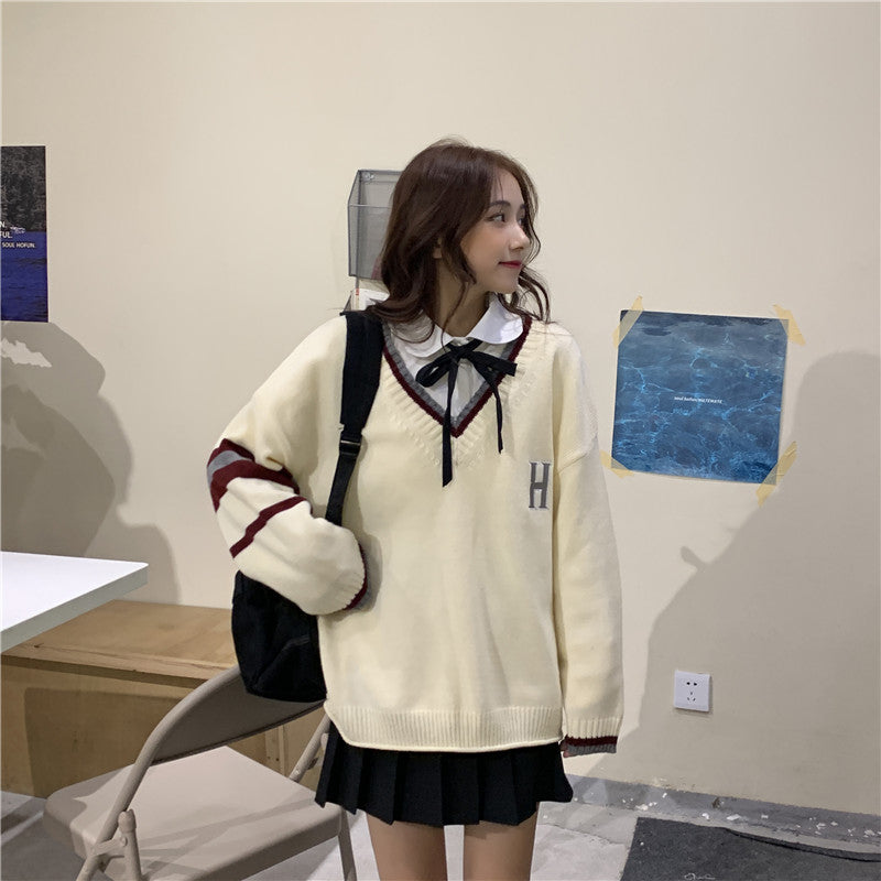 Japanese School Uniform Preppy Style Sweater Women Korean Fashion Loose Simple V-neck Casual School Sweater