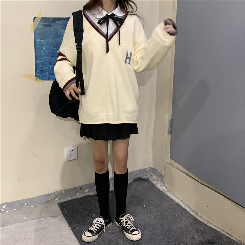 Japanese School Uniform Preppy Style Sweater Women Korean Fashion Loose Simple V-neck Casual School Sweater