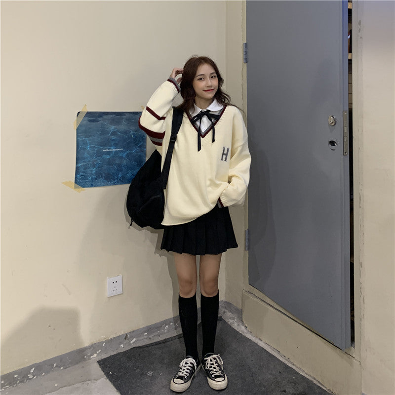 Japanese School Uniform Preppy Style Sweater Women Korean Fashion Loose Simple V-neck Casual School Sweater