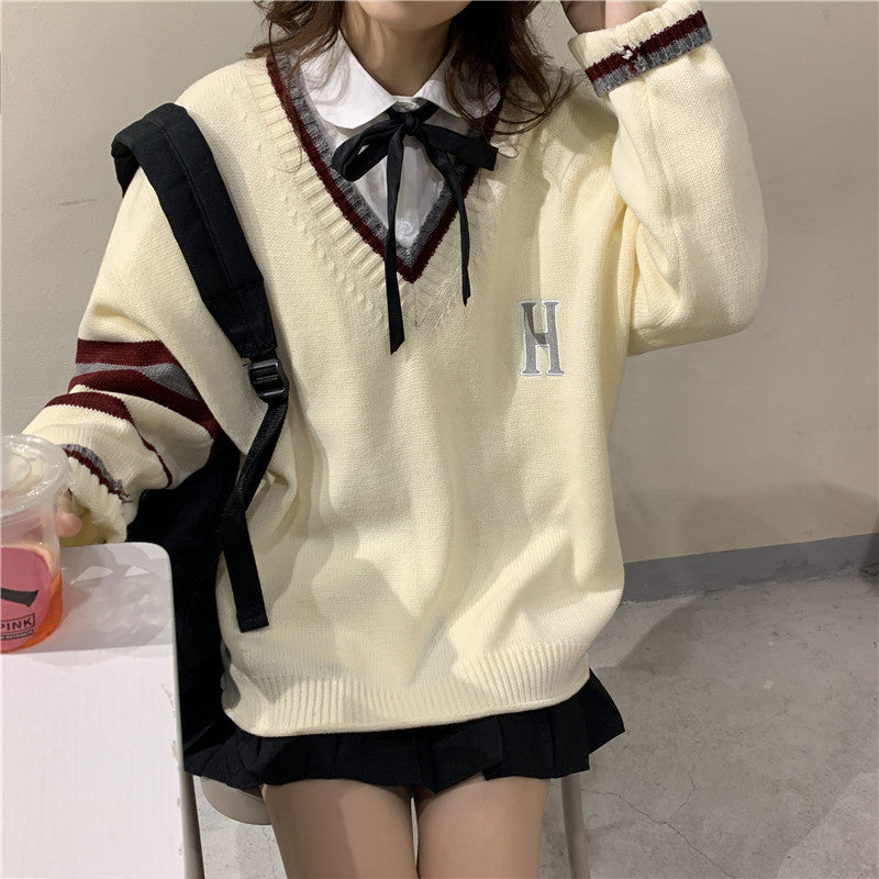 Japanese School Uniform Preppy Style Sweater Women Korean Fashion Loose Simple V-neck Casual School Sweater
