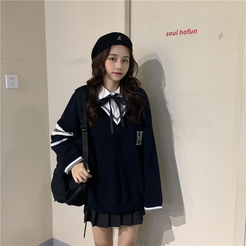Japanese School Uniform Preppy Style Sweater Women Korean Fashion Loose Simple V-neck Casual School Sweater