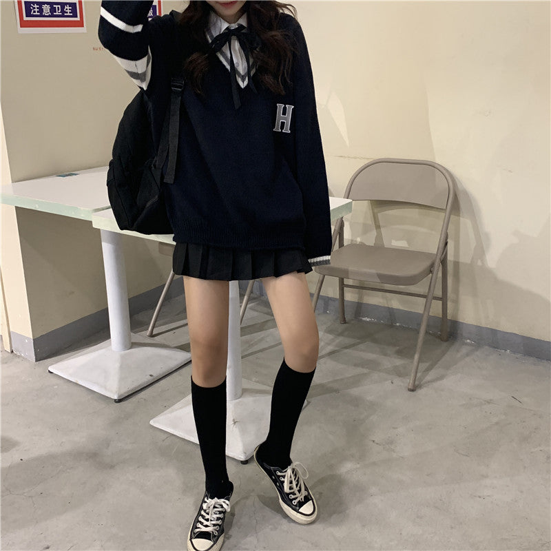 Japanese School Uniform Preppy Style Sweater Women Korean Fashion Loose Simple V-neck Casual School Sweater