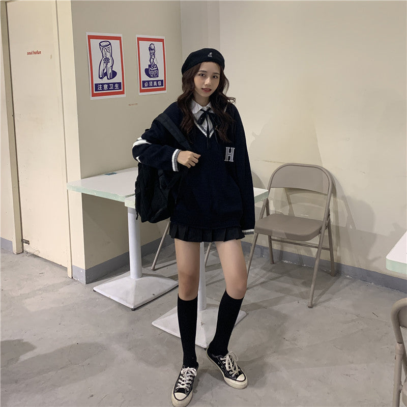 Japanese School Uniform Preppy Style Sweater Women Korean Fashion Loose Simple V-neck Casual School Sweater