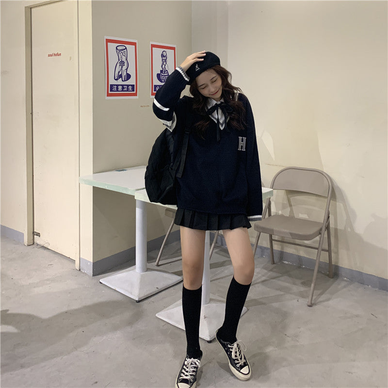 Japanese School Uniform Preppy Style Sweater Women Korean Fashion Loose Simple V-neck Casual School Sweater