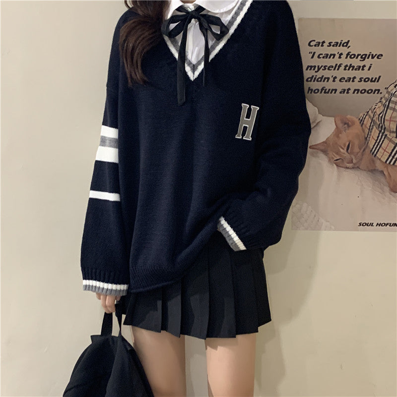 Japanese School Uniform Preppy Style Sweater Women Korean Fashion Loose Simple V-neck Casual School Sweater