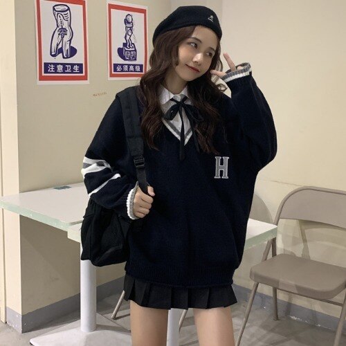 Japanese School Uniform Preppy Style Sweater Women Korean Fashion Loose Simple V-neck Casual School Sweater