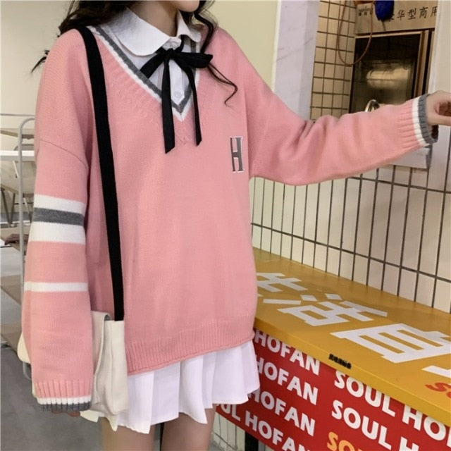 Japanese School Uniform Preppy Style Sweater Women Korean Fashion Loose Simple V-neck Casual School Sweater