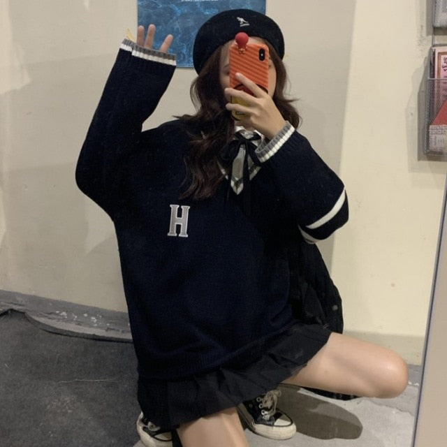 Japanese School Uniform Preppy Style Sweater Women Korean Fashion Loose Simple V-neck Casual School Sweater
