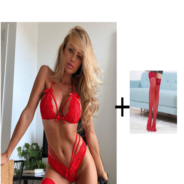 3 Piece Set Women Sexy Lingerie Exotic Lingerie Hot Erotic Lace Bra Teddy Sexy Panties Bandage Underwear Set Bra Set + Stockings