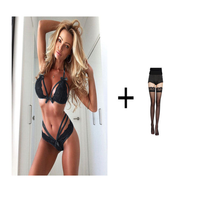 3 Piece Set Women Sexy Lingerie Exotic Lingerie Hot Erotic Lace Bra Teddy Sexy Panties Bandage Underwear Set Bra Set + Stockings