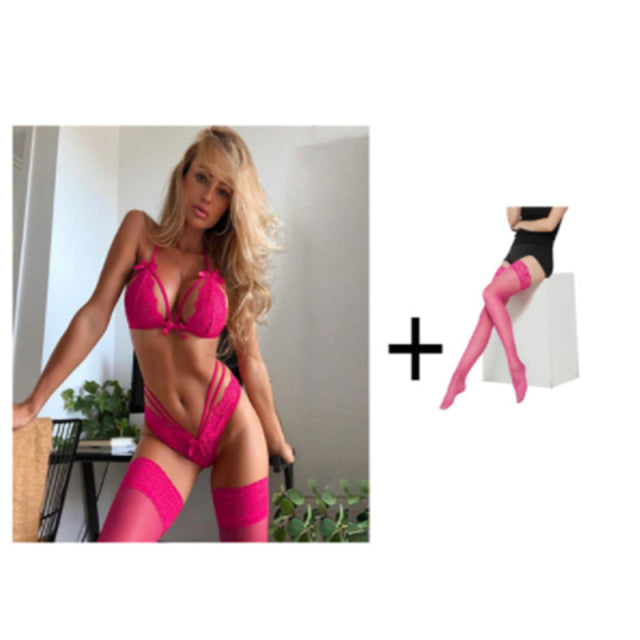 3 Piece Set Women Sexy Lingerie Exotic Lingerie Hot Erotic Lace Bra Teddy Sexy Panties Bandage Underwear Set Bra Set + Stockings