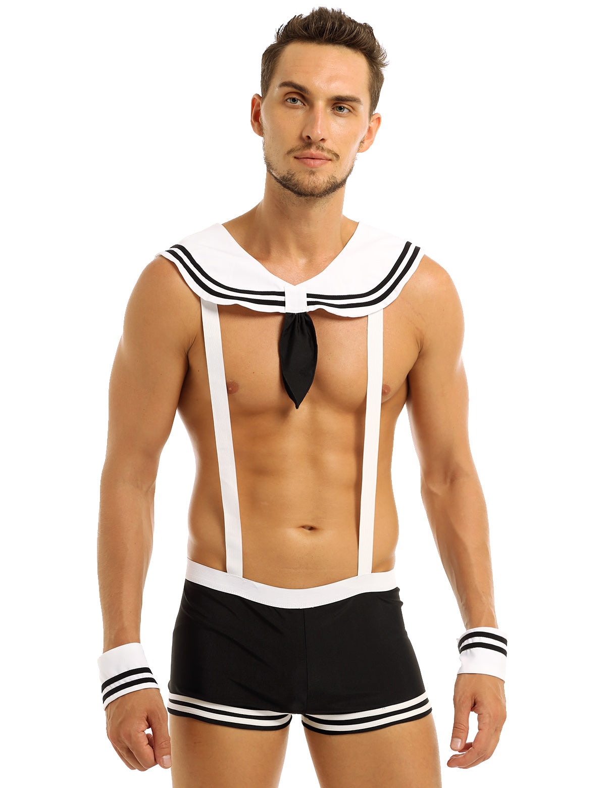 Mens Male sexy Sailor Costumes Navy Cosplay Costume Role Play Underwear Sets Elastic Suspenders Boxer Briefs with Collar Cuffs