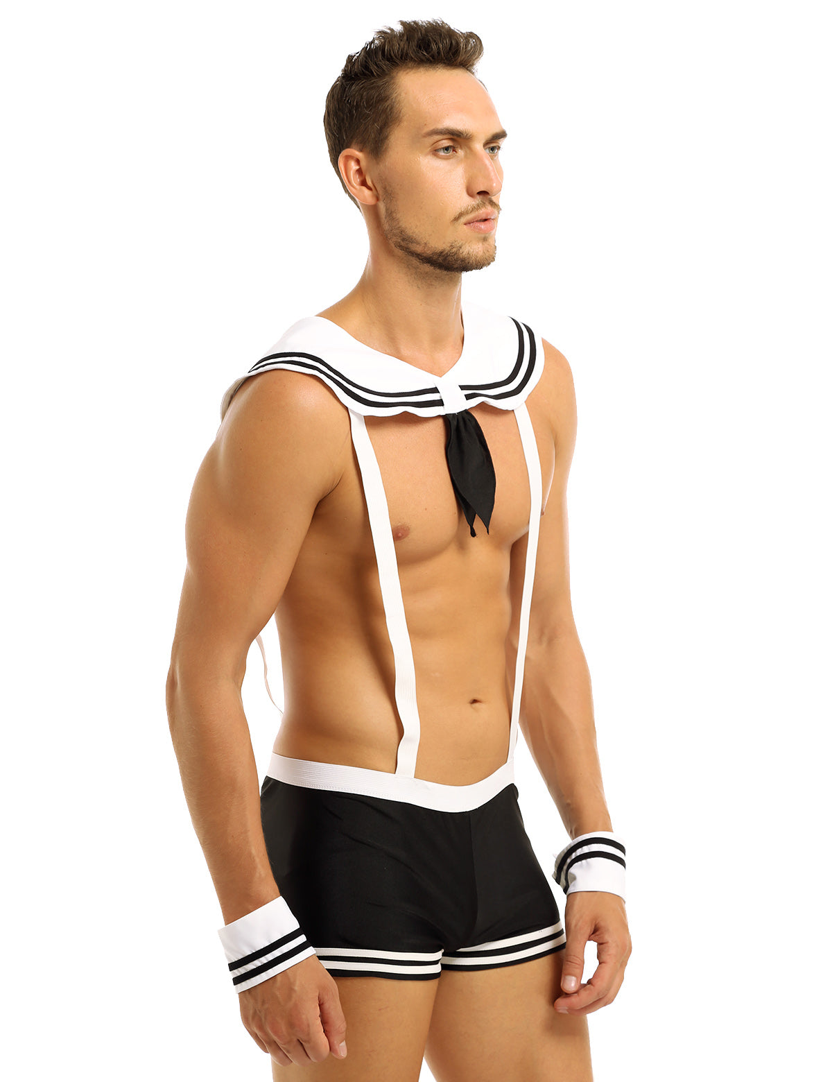 Mens Male sexy Sailor Costumes Navy Cosplay Costume Role Play Underwear Sets Elastic Suspenders Boxer Briefs with Collar Cuffs