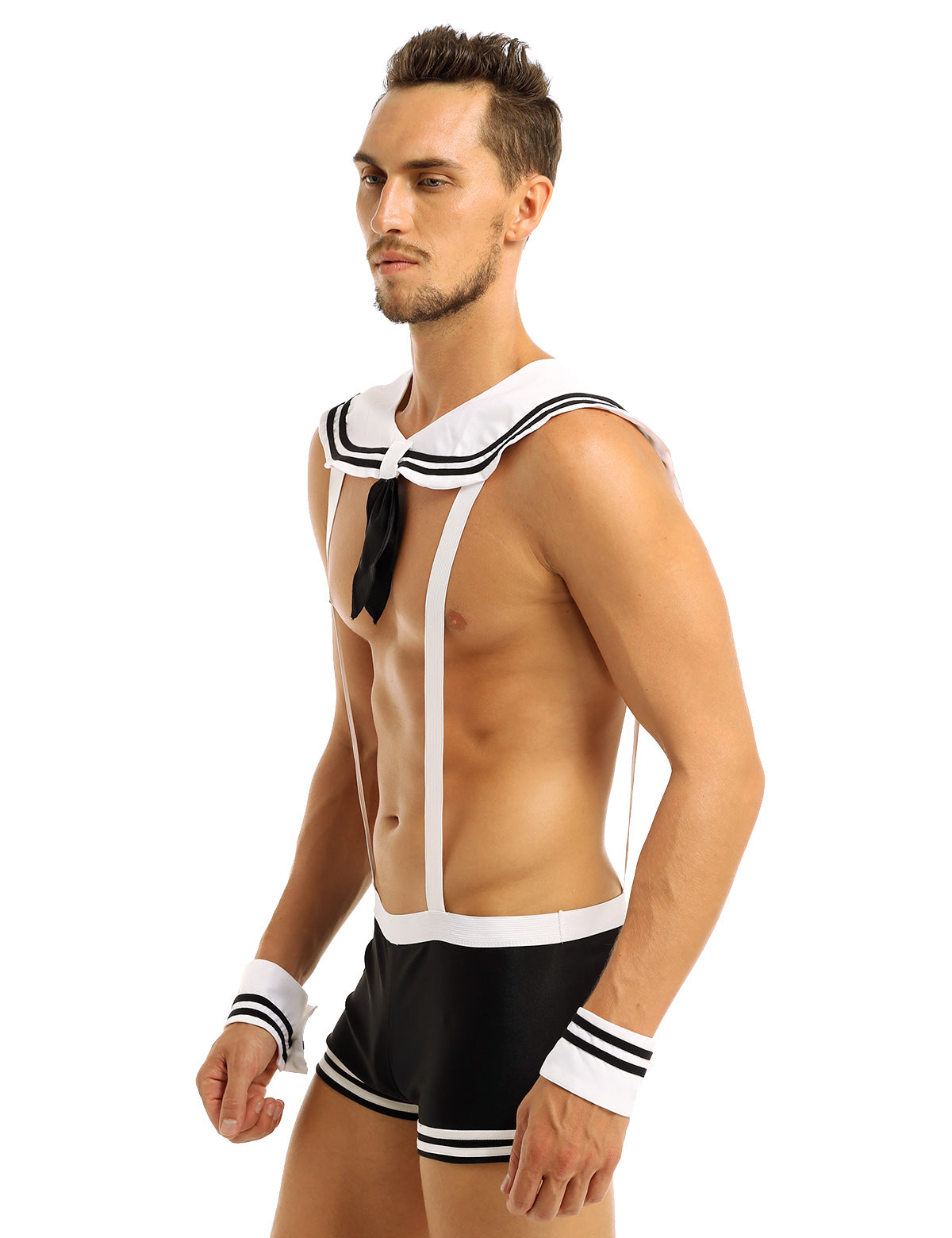 Mens Male sexy Sailor Costumes Navy Cosplay Costume Role Play Underwear Sets Elastic Suspenders Boxer Briefs with Collar Cuffs
