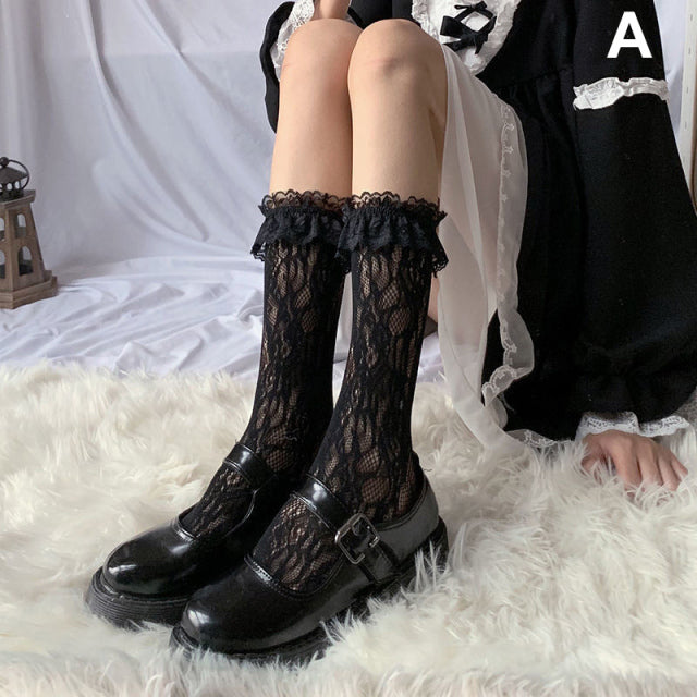 Lolita Long Tube White Lace Mesh Female Over-knee High-tube Thigh Middle-tube Calf Socks Thin Section Student Jk Black And White
