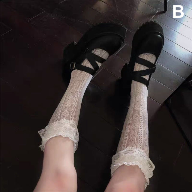 Lolita Long Tube White Lace Mesh Female Over-knee High-tube Thigh Middle-tube Calf Socks Thin Section Student Jk Black And White