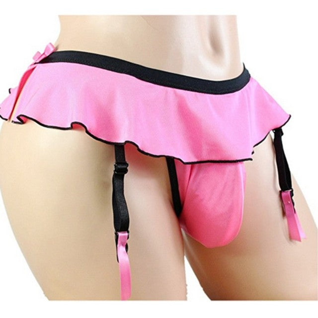 Men Ruffled Briefs with Garters Sexy Thongs Suspender Sock Clip Underwear Erotic Lingerie Sissy Panty Penis Bulge Pouch G-string