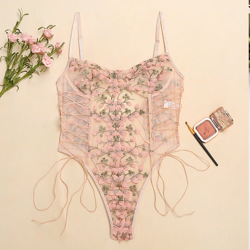 Butterfly Lace Bodysuit Lace Up Bandage Sexy Bodysuit Ladies Mesh Bodysuit Top Body Femme Plus Size Embroidery Strap Body Traf