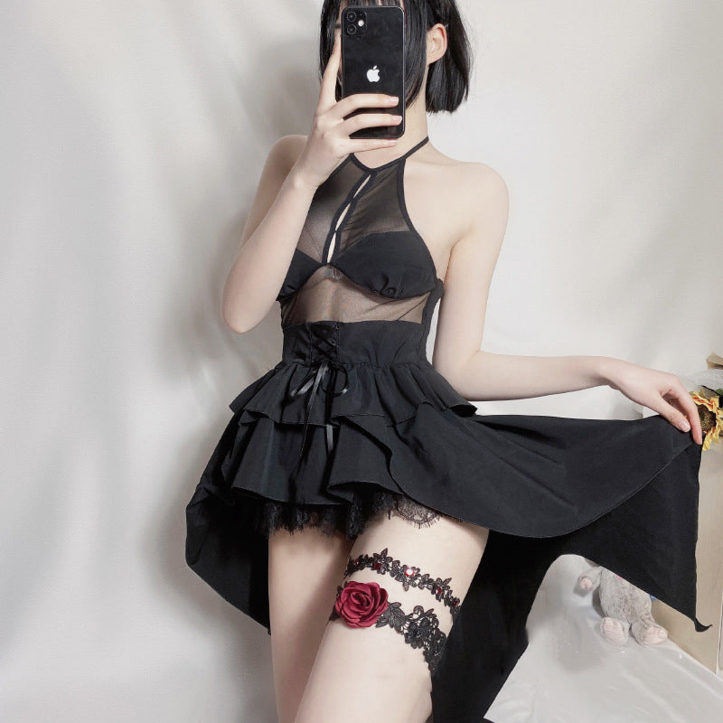 Demon Cosplay Costumes Gothic Lolita Black Lace Sexy Lingerie for Women Cute Wedding Evil Anime Backless Asymmetric Dress
