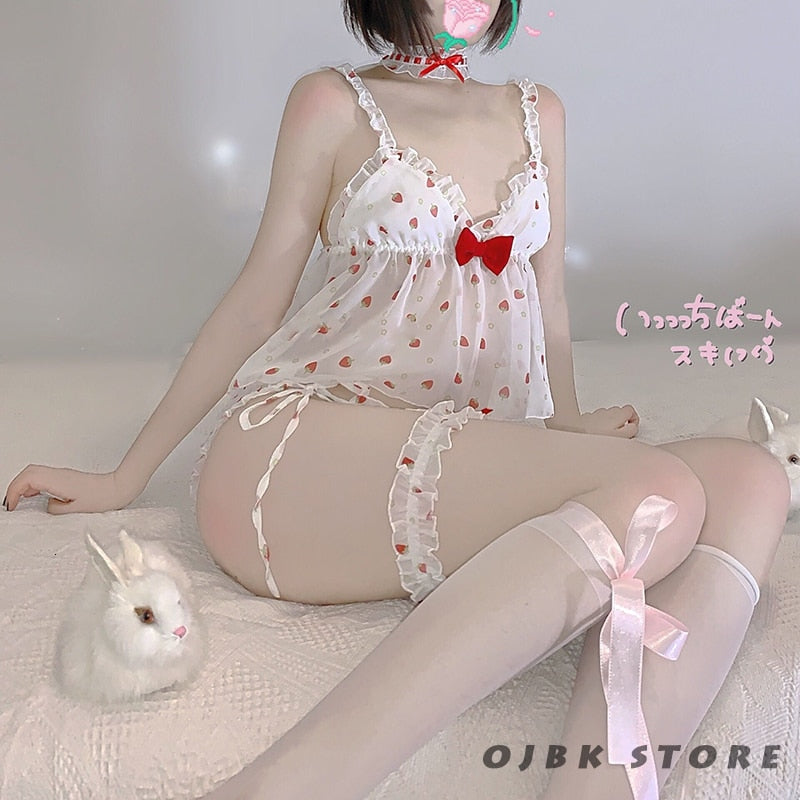 Embroidery Camisole Kawaii Strawberry Sleepwear Anime Girl Cosplay Costume Cute sexy Lingerie Set Uniform Underwear Dropshipping