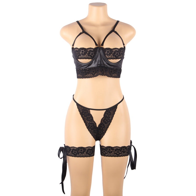 Comondear Lace Leather Stitching Sexy Underwear Set Women Intimates Bra and Panties Sets Plus Size Leg Loops Bra Set