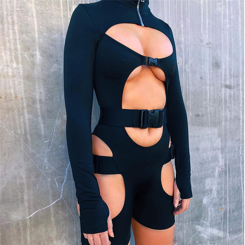 hirigin Women Bodycon Buckle Cut Out Biker Rompers Sexy Long Sleeves Hollow Out Clubwear Bodysuit One Piece Short Jumpsuit Pants