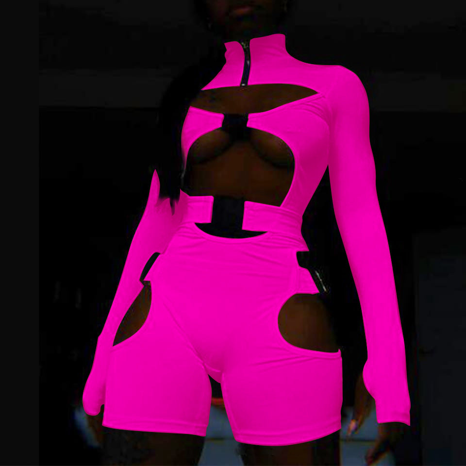 hirigin Women Bodycon Buckle Cut Out Biker Rompers Sexy Long Sleeves Hollow Out Clubwear Bodysuit One Piece Short Jumpsuit Pants