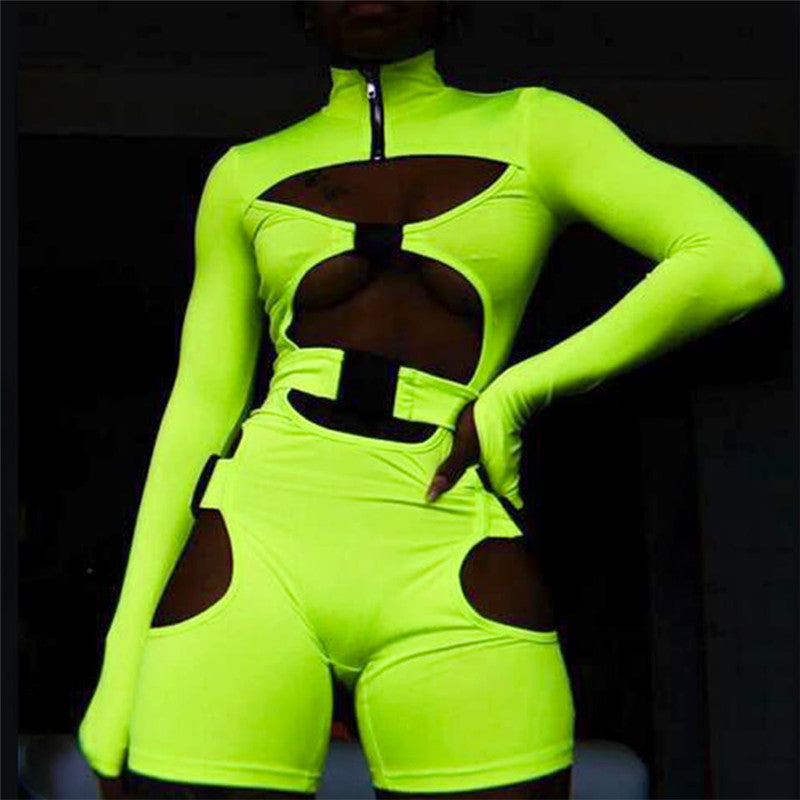 hirigin Women Bodycon Buckle Cut Out Biker Rompers Sexy Long Sleeves Hollow Out Clubwear Bodysuit One Piece Short Jumpsuit Pants
