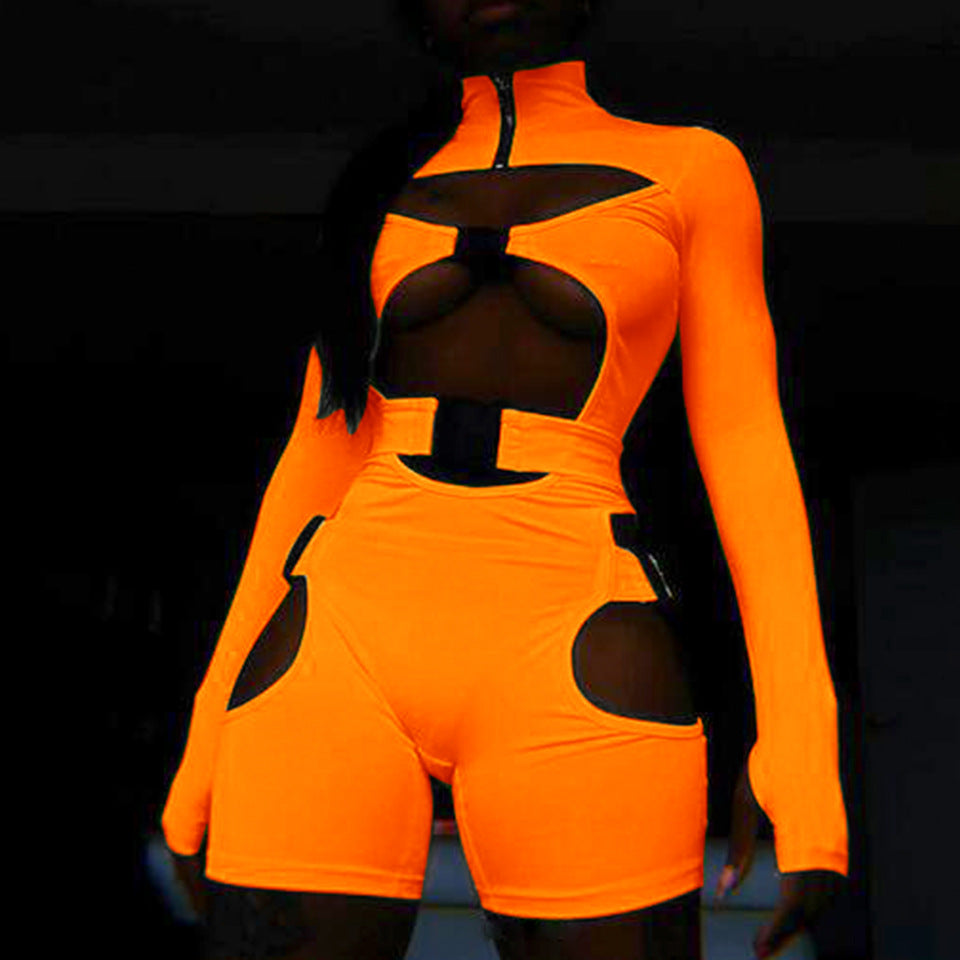 hirigin Women Bodycon Buckle Cut Out Biker Rompers Sexy Long Sleeves Hollow Out Clubwear Bodysuit One Piece Short Jumpsuit Pants