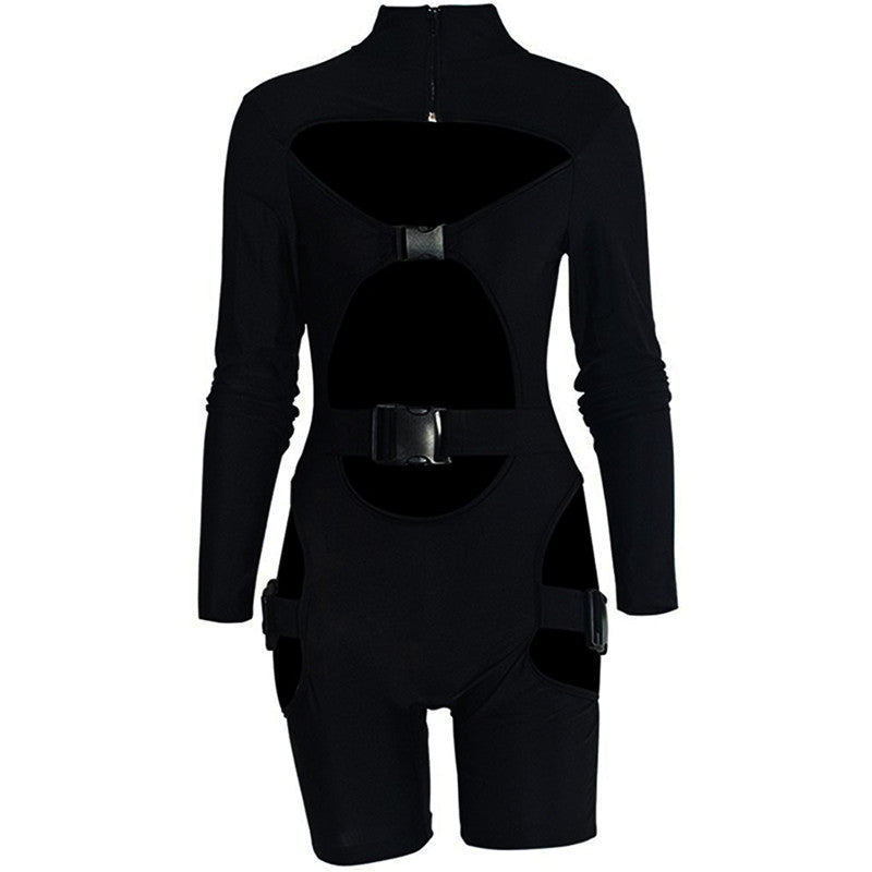 hirigin Women Bodycon Buckle Cut Out Biker Rompers Sexy Long Sleeves Hollow Out Clubwear Bodysuit One Piece Short Jumpsuit Pants