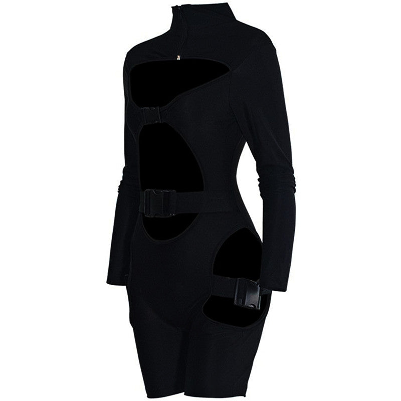 hirigin Women Bodycon Buckle Cut Out Biker Rompers Sexy Long Sleeves Hollow Out Clubwear Bodysuit One Piece Short Jumpsuit Pants