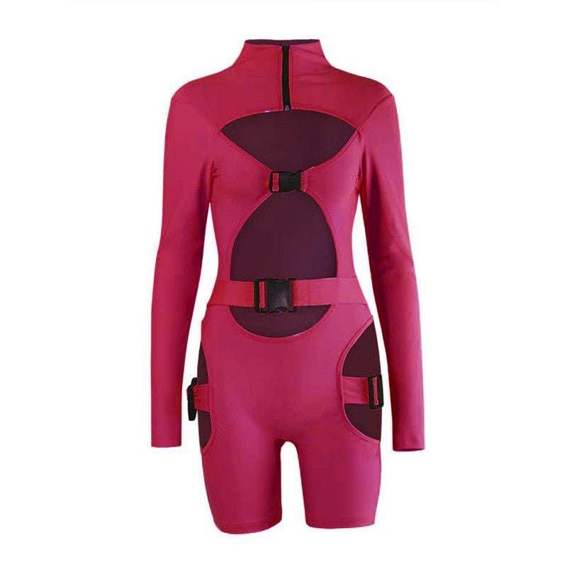 hirigin Women Bodycon Buckle Cut Out Biker Rompers Sexy Long Sleeves Hollow Out Clubwear Bodysuit One Piece Short Jumpsuit Pants