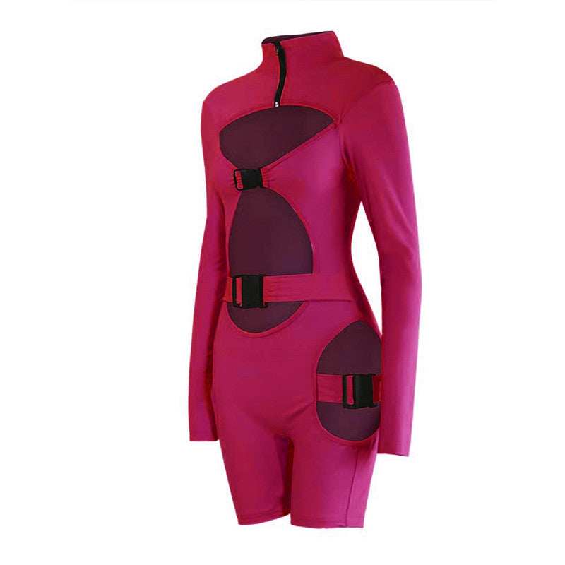 hirigin Women Bodycon Buckle Cut Out Biker Rompers Sexy Long Sleeves Hollow Out Clubwear Bodysuit One Piece Short Jumpsuit Pants