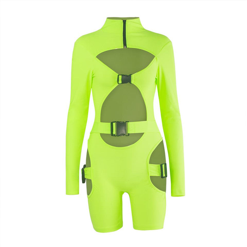 hirigin Women Bodycon Buckle Cut Out Biker Rompers Sexy Long Sleeves Hollow Out Clubwear Bodysuit One Piece Short Jumpsuit Pants