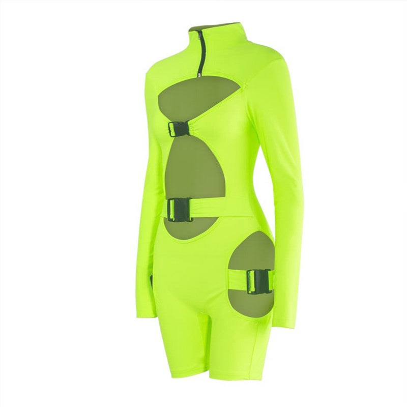 hirigin Women Bodycon Buckle Cut Out Biker Rompers Sexy Long Sleeves Hollow Out Clubwear Bodysuit One Piece Short Jumpsuit Pants
