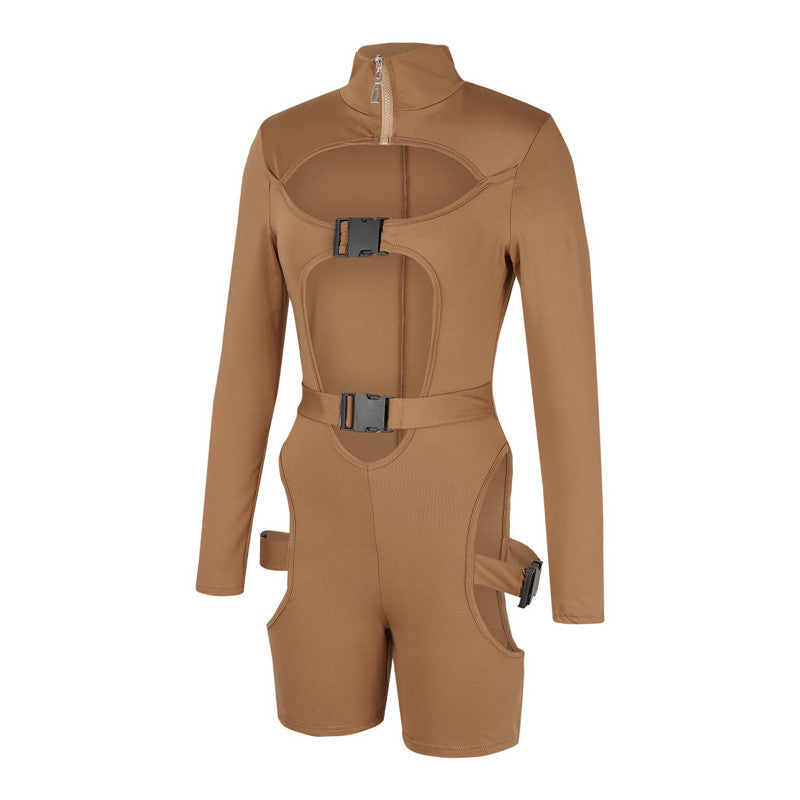 hirigin Women Bodycon Buckle Cut Out Biker Rompers Sexy Long Sleeves Hollow Out Clubwear Bodysuit One Piece Short Jumpsuit Pants