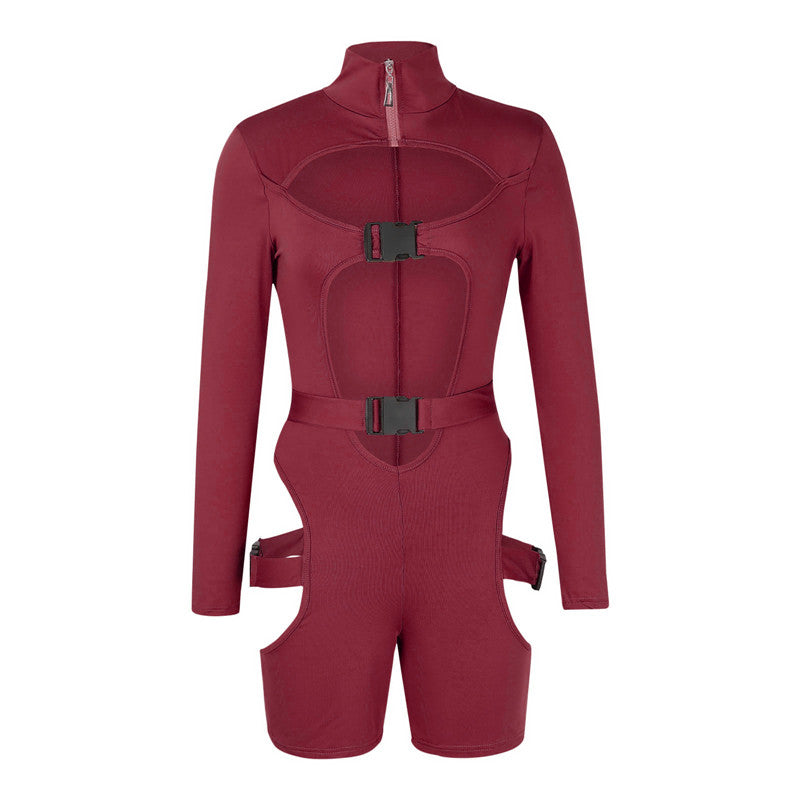 hirigin Women Bodycon Buckle Cut Out Biker Rompers Sexy Long Sleeves Hollow Out Clubwear Bodysuit One Piece Short Jumpsuit Pants