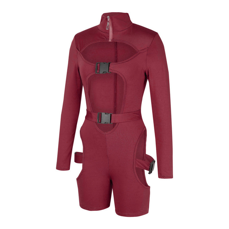 hirigin Women Bodycon Buckle Cut Out Biker Rompers Sexy Long Sleeves Hollow Out Clubwear Bodysuit One Piece Short Jumpsuit Pants